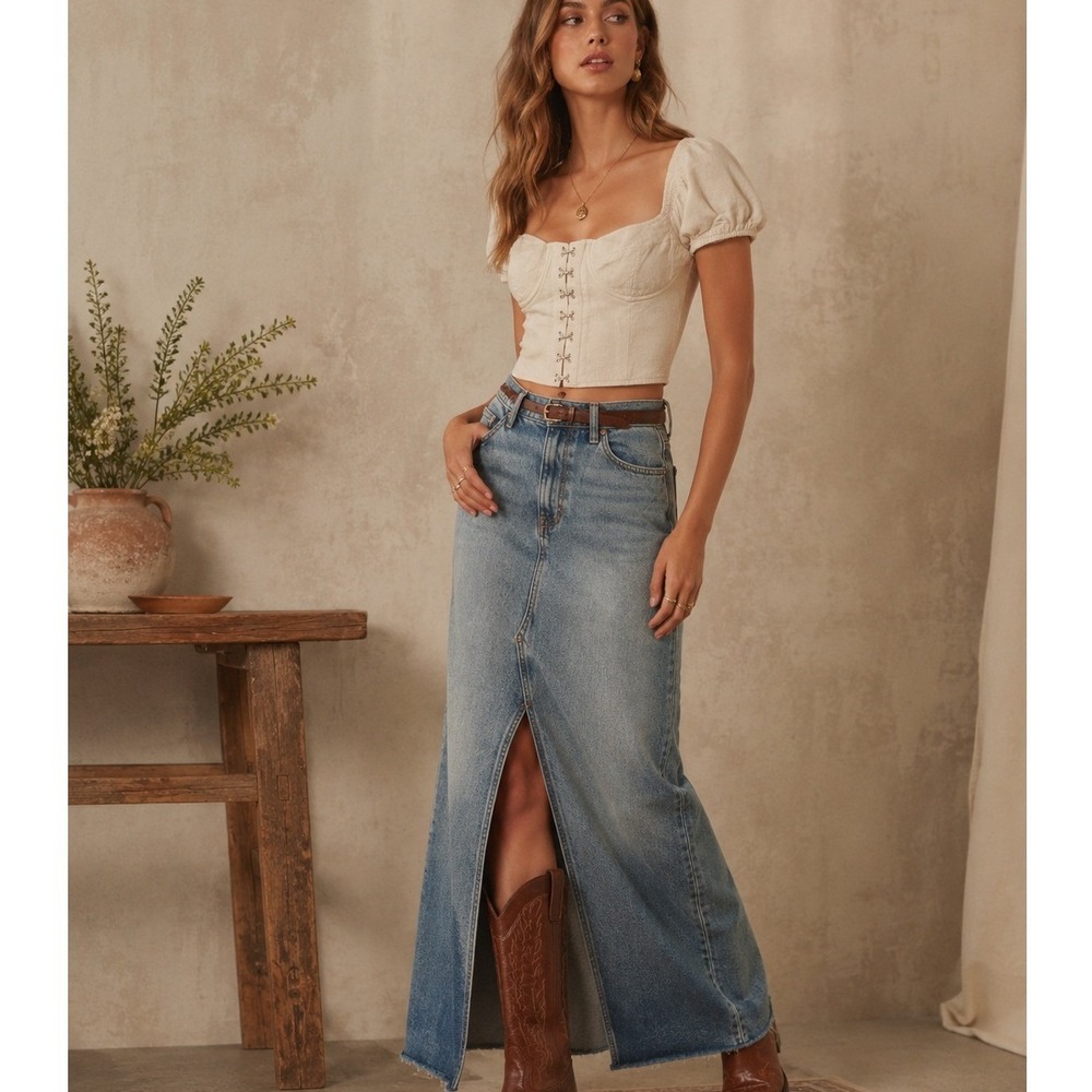 Altar'd State Cream Linen Blend Corset Crop Top Puff Sleeve Cottagecore